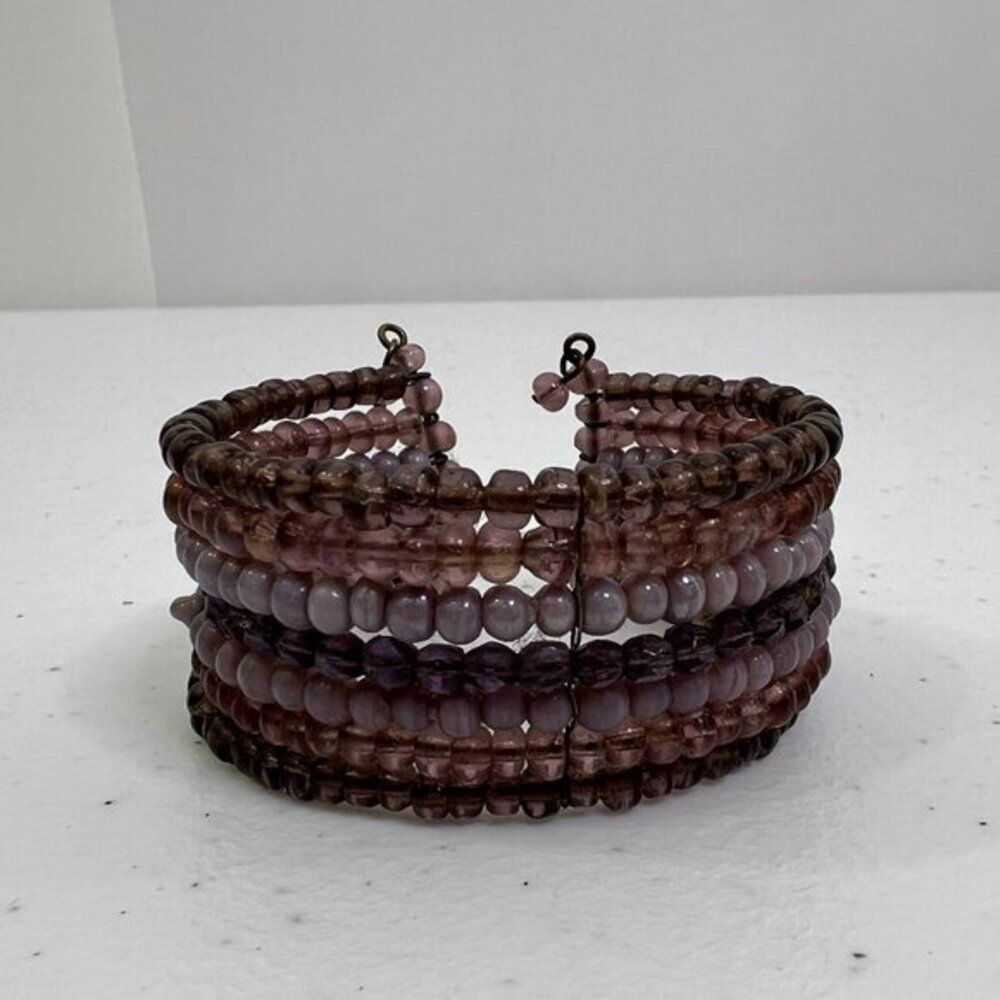 Beaded‎ Cuff Bracelet Purple Stripe Pink Stacked Boho Glass Beads